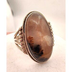 Vintage Sterling Silver Oval Picture Agate Ring With Intricate Band Design